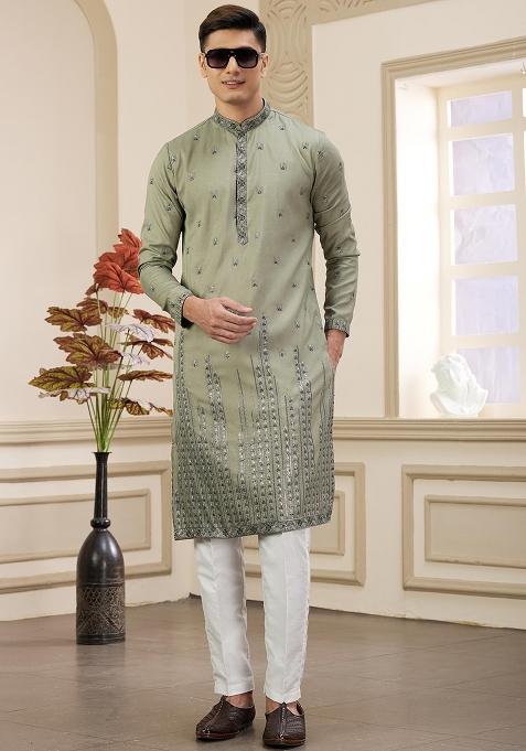 Green Solid Art Silk Kurta Set For Men