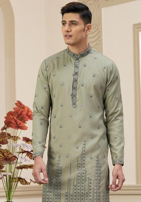 Green Solid Art Silk Kurta Set For Men