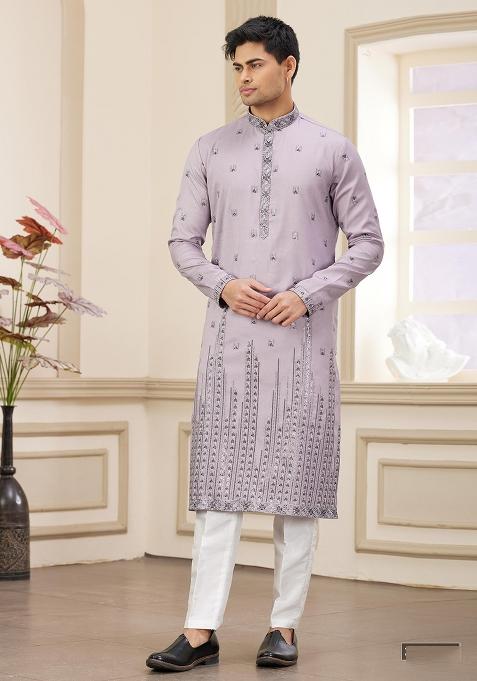 Purple Solid Art Silk Kurta Set For Men — view on Indya