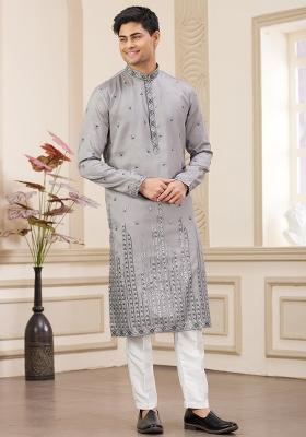 Grey Solid Art Silk Kurta Set For Men