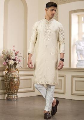 Beige Embellished Art Silk Kurta Set For Men
