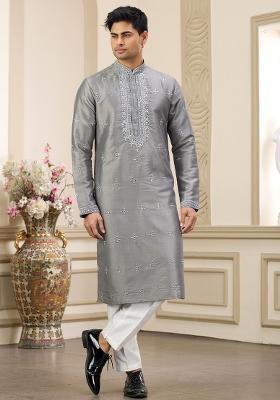 Grey Embellished Art Silk Kurta Set For Men
