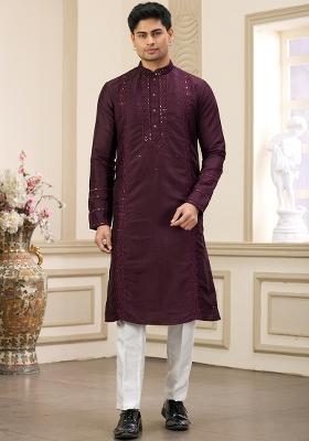 Wine Embellished Art Silk Kurta Set For Men