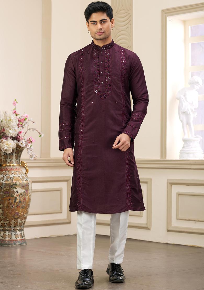 Wine Embellished Art Silk Kurta Set For Men