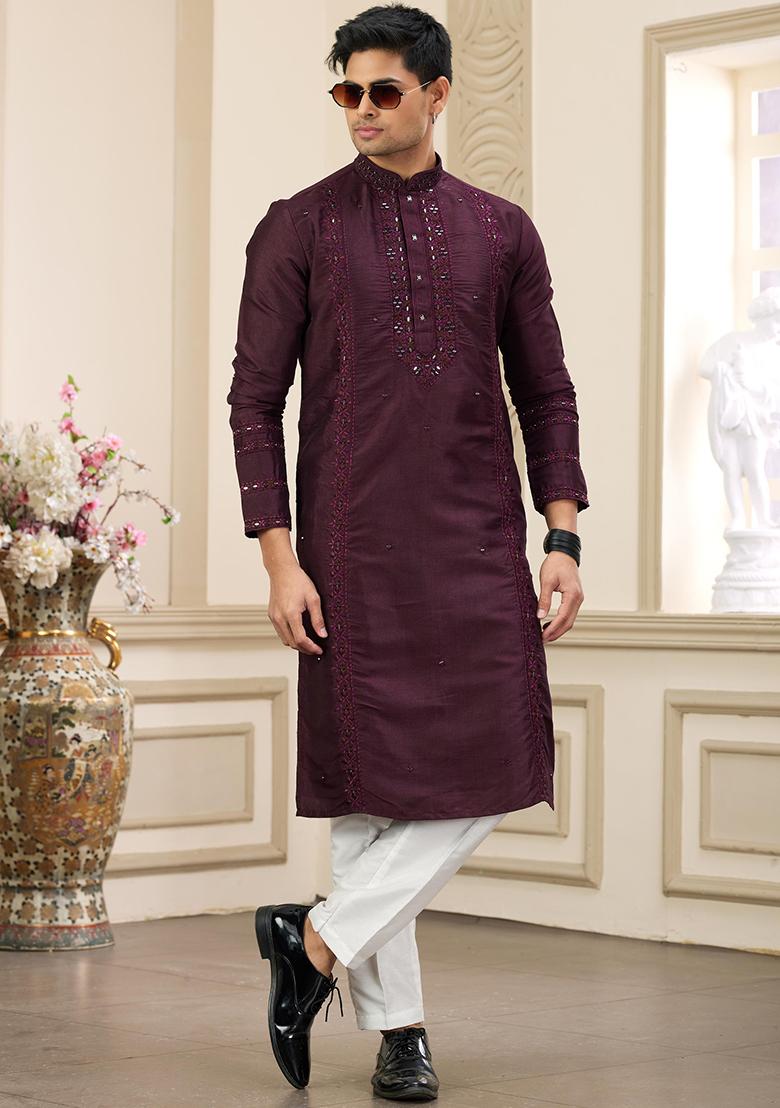 Wine Embellished Art Silk Kurta Set For Men