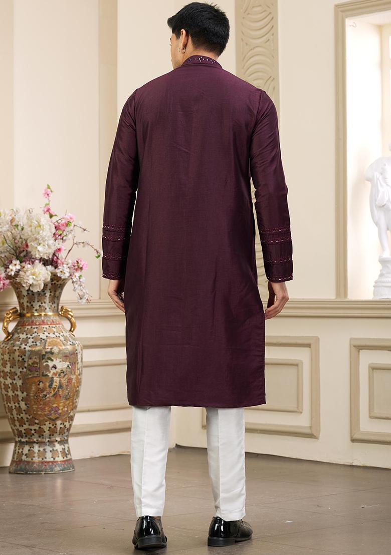 Wine Embellished Art Silk Kurta Set For Men