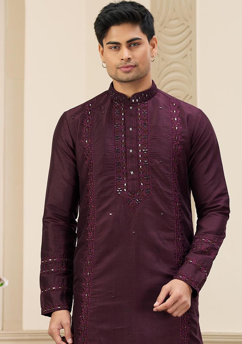 Wine Embellished Art Silk Kurta Set For Men