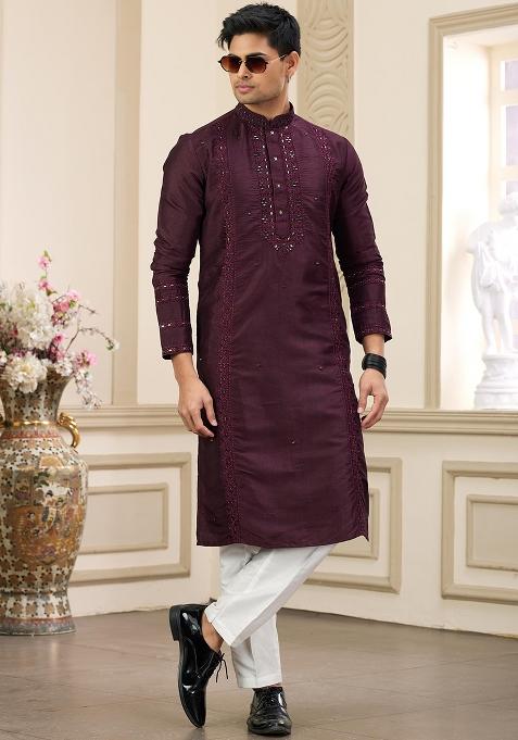 Wine Embellished Art Silk Kurta Set For Men