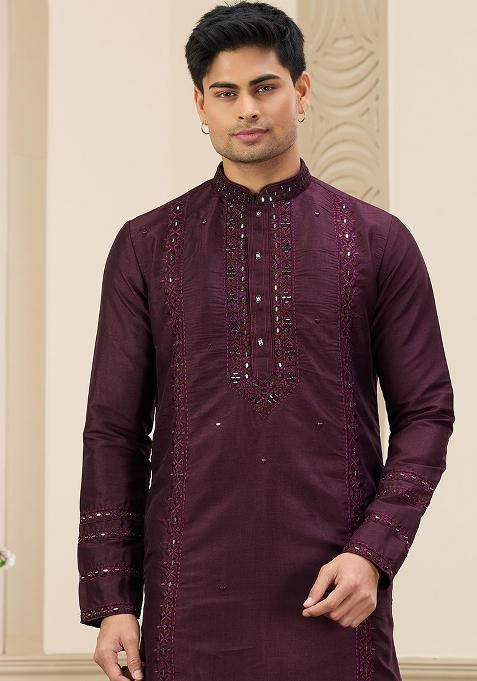 Wine Embellished Art Silk Kurta Set For Men