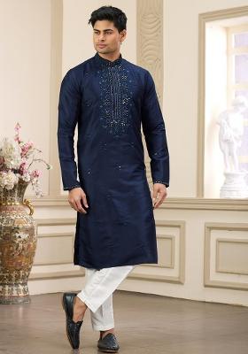Blue Embellished Art Silk Kurta Set For Men