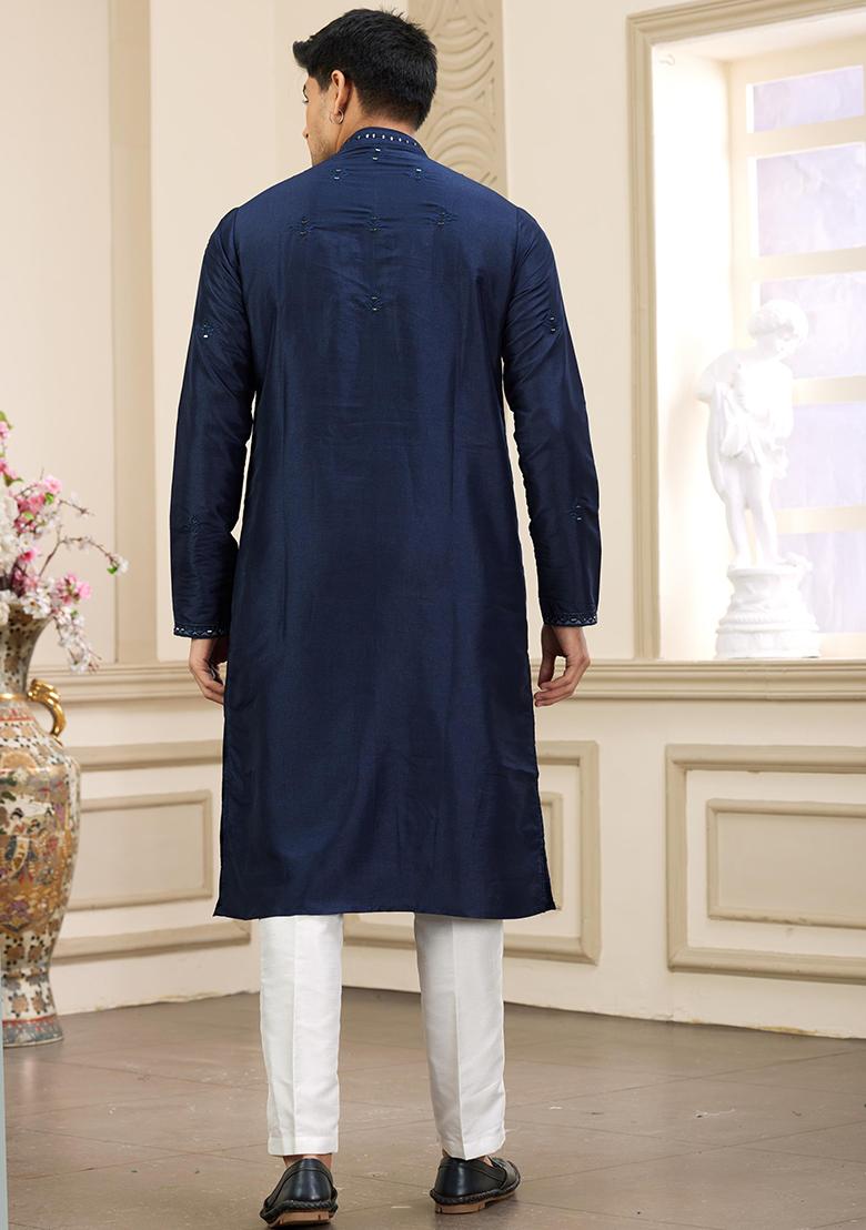 Blue Embellished Art Silk Kurta Set For Men