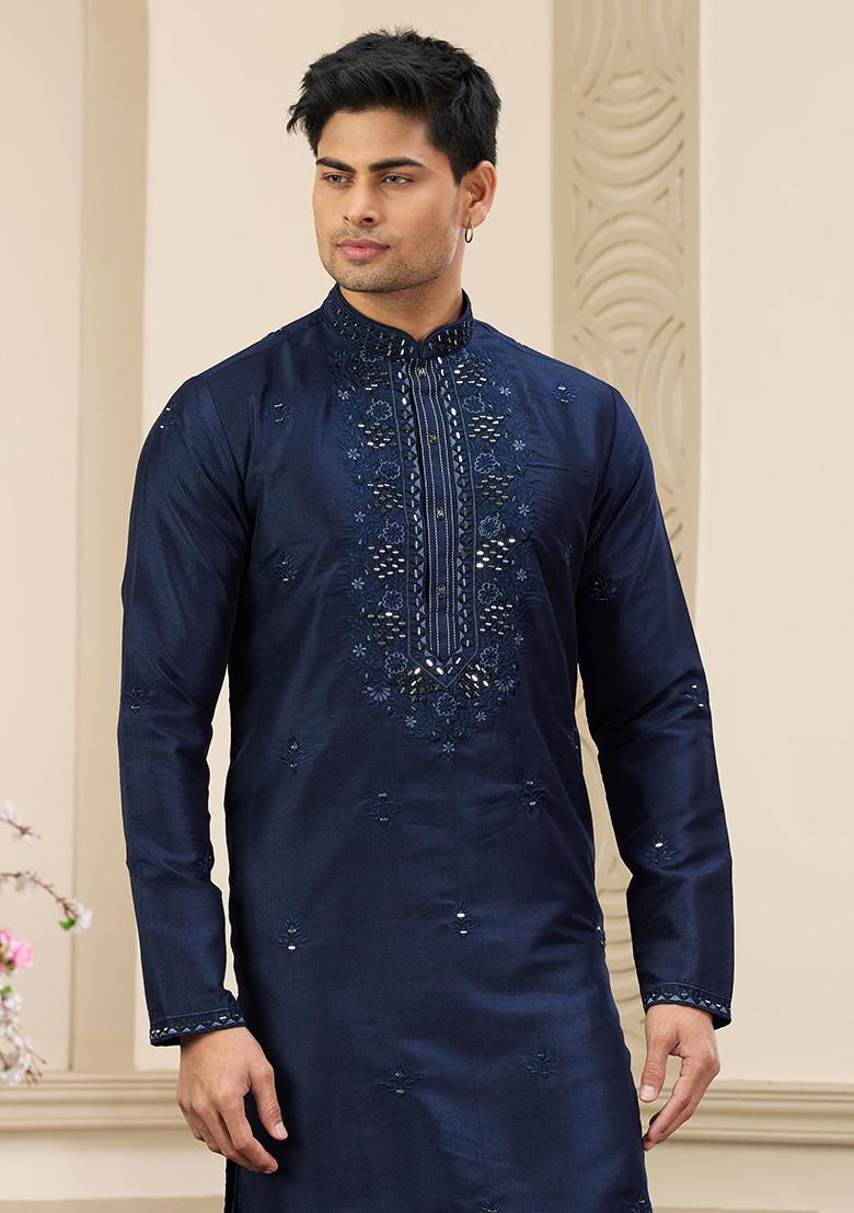 Blue Embellished Art Silk Kurta Set For Men