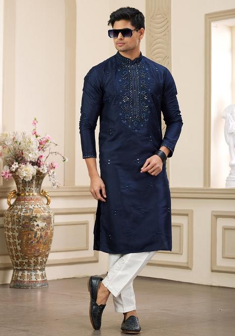 Blue Embellished Art Silk Kurta Set For Men