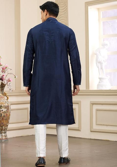 Blue Embellished Art Silk Kurta Set For Men