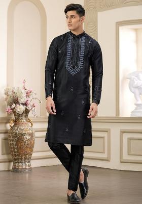 Black Embellished Art Silk Kurta Set For Men
