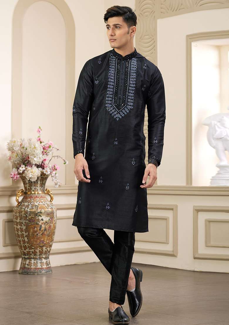 Black Embellished Art Silk Kurta Set For Men - Indya
