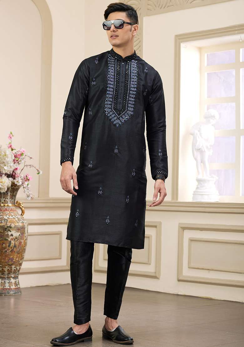 Black Embellished Art Silk Kurta Set For Men - Indya