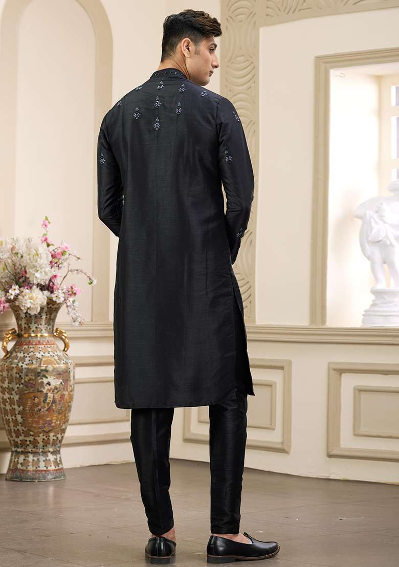 Black Embellished Art Silk Kurta Set For Men - Indya