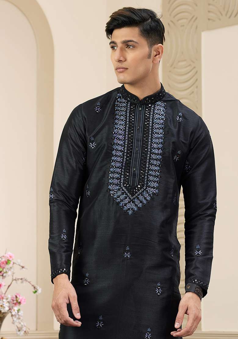 Black Embellished Art Silk Kurta Set For Men - Indya