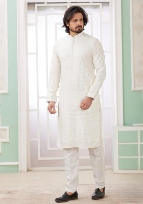 Cream Embroidered Art Silk Kurta Set For Men
