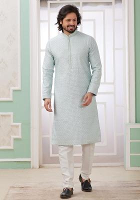 Mint Green Embroidered Art Silk Kurta Set For Men