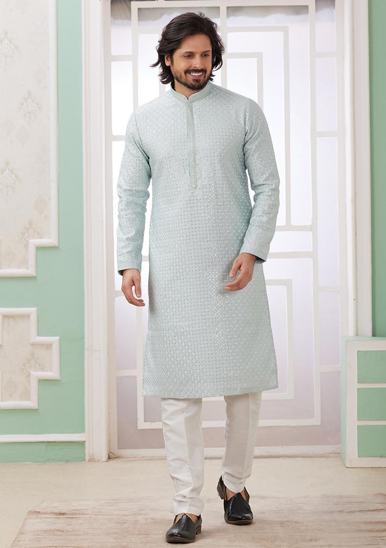 Mint Green Embroidered Art Silk Kurta Set For Men