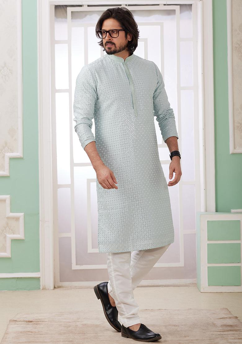 Mint Green Embroidered Art Silk Kurta Set For Men