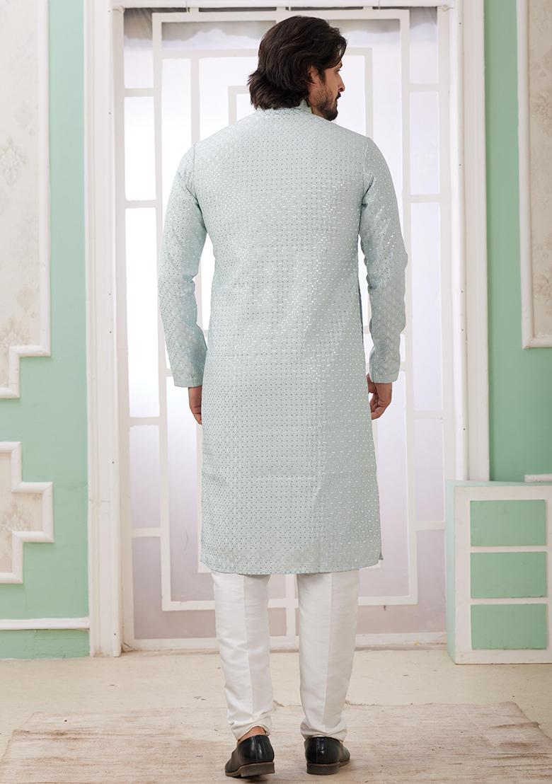 Mint Green Embroidered Art Silk Kurta Set For Men