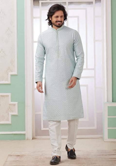 Mint Green Embroidered Art Silk Kurta Set For Men