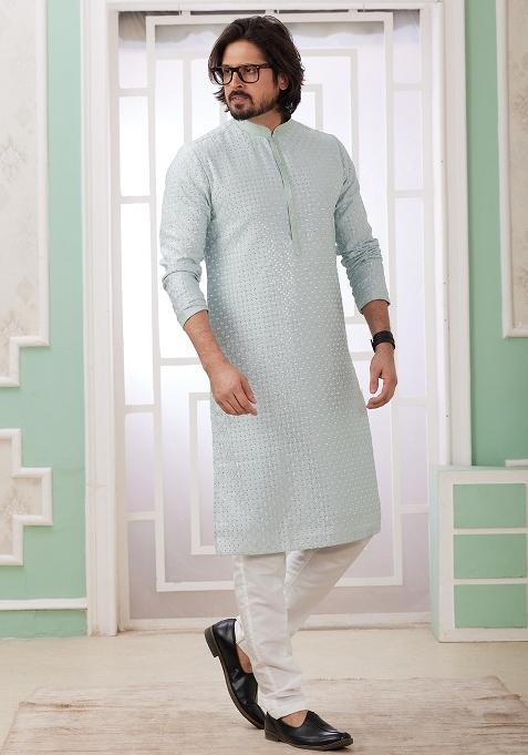 Mint Green Embroidered Art Silk Kurta Set For Men