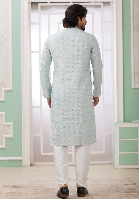 Mint Green Embroidered Art Silk Kurta Set For Men