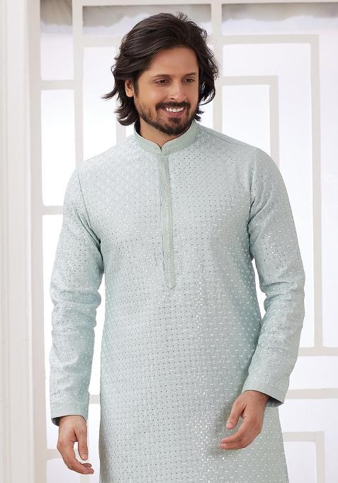 Mint Green Embroidered Art Silk Kurta Set For Men