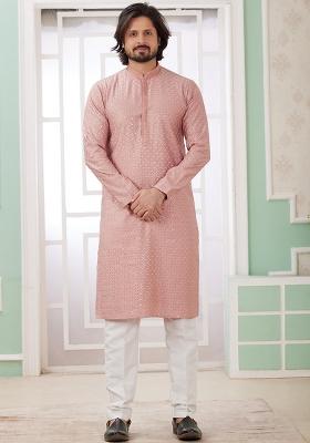 Peach Embroidered Art Silk Kurta Set For Men