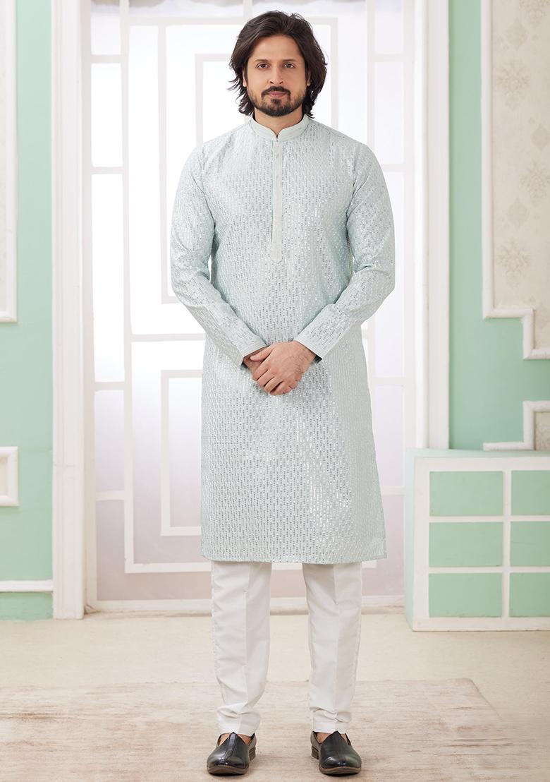 Mint Green Embroidered Art Silk Kurta Set For Men