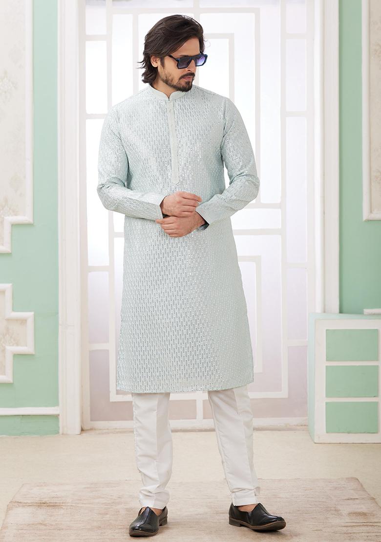 Mint Green Embroidered Art Silk Kurta Set For Men