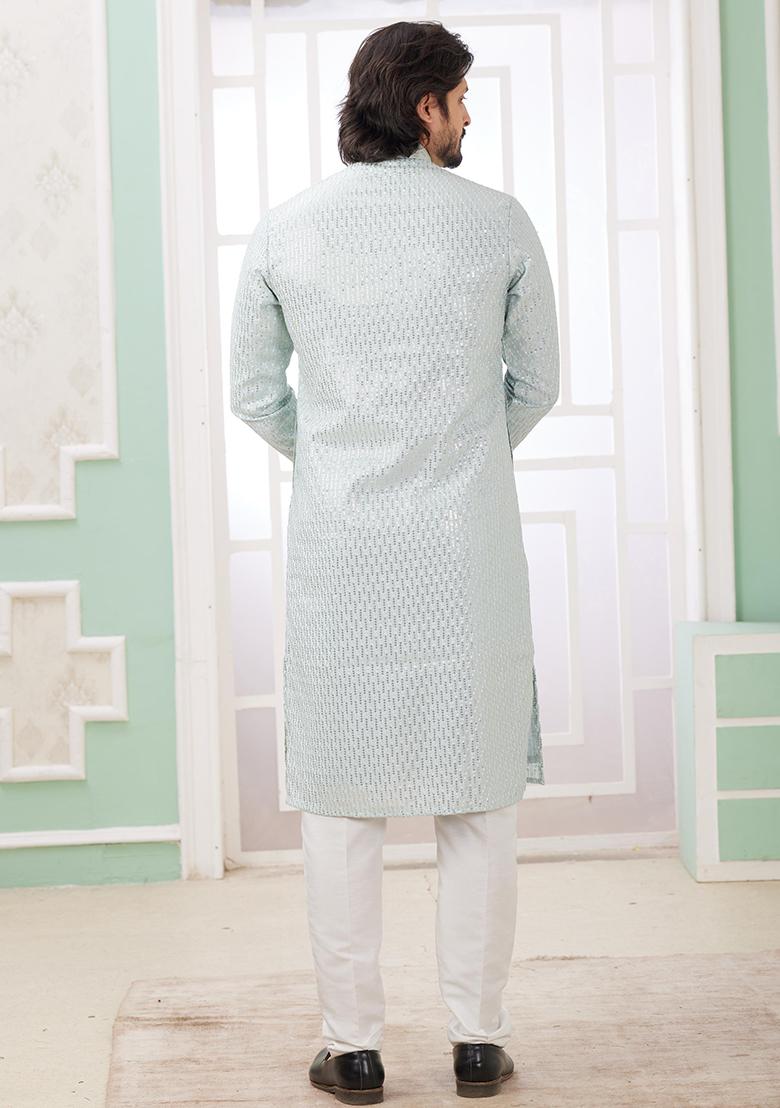 Mint Green Embroidered Art Silk Kurta Set For Men