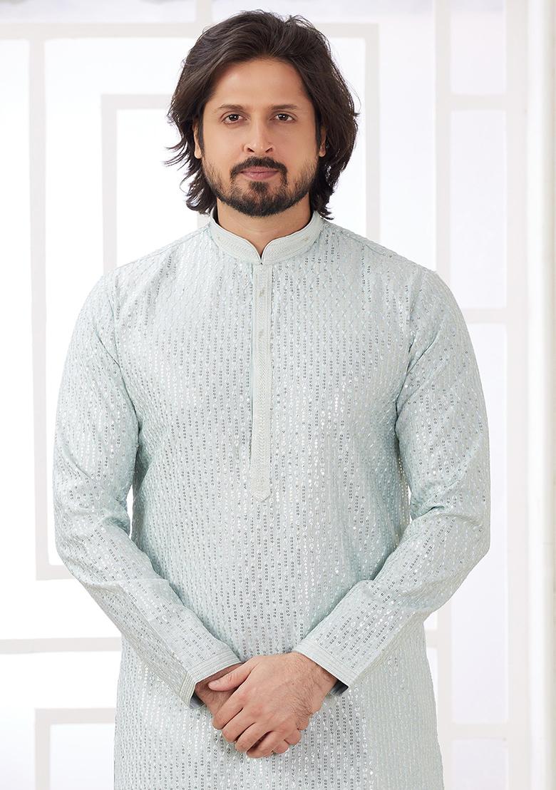 Mint Green Embroidered Art Silk Kurta Set For Men