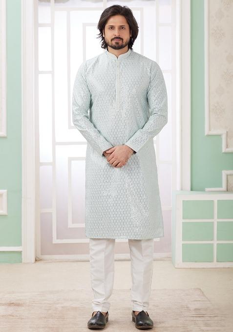 Mint Green Embroidered Art Silk Kurta Set For Men