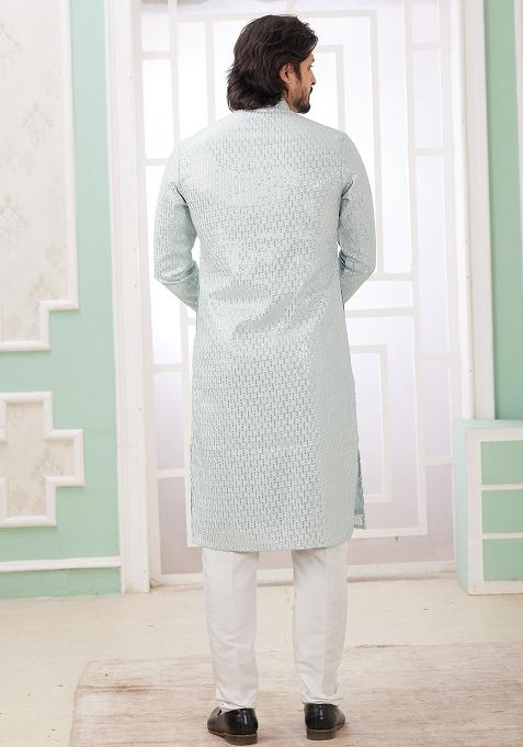 Mint Green Embroidered Art Silk Kurta Set For Men