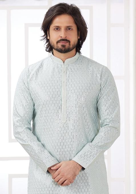 Mint Green Embroidered Art Silk Kurta Set For Men
