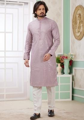 Lilac Embroidered Art Silk Kurta Set For Men