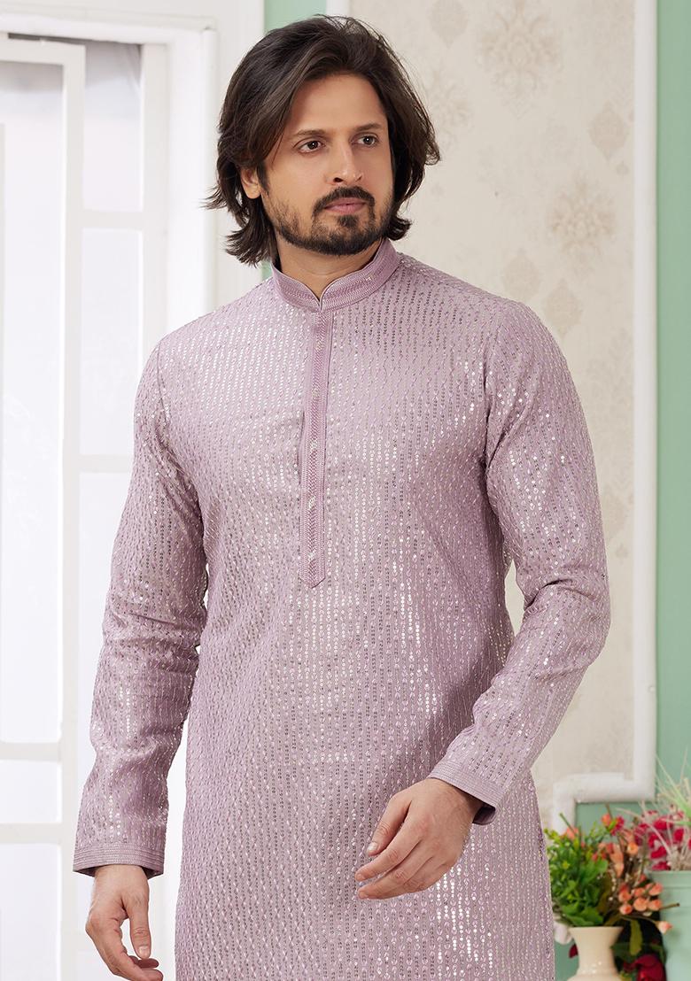Lilac Embroidered Art Silk Kurta Set For Men - Indya