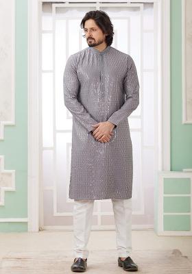 Grey Embroidered Art Silk Kurta Set For Men