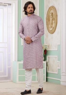 Lilac Embroidered Art Silk Kurta Set For Men