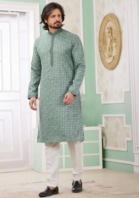 Green Embroidered Art Silk Kurta Set For Men