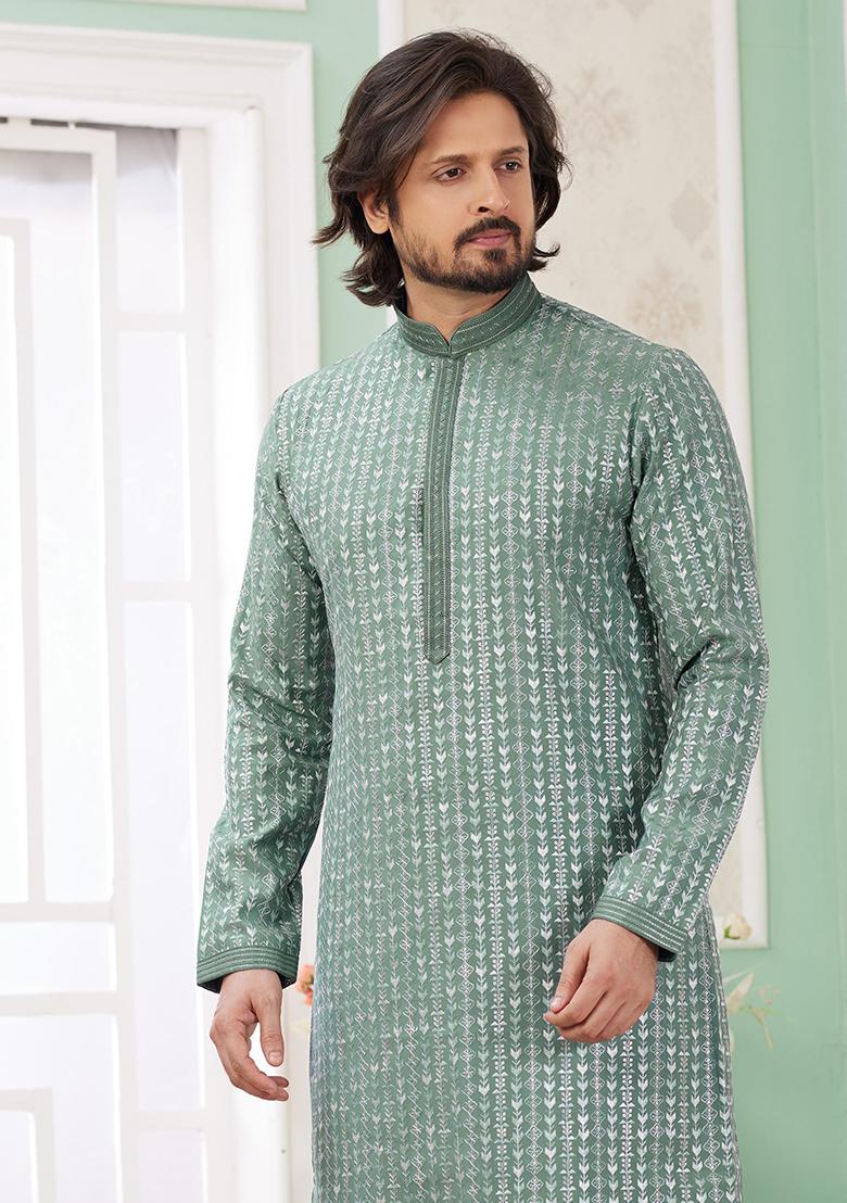 Green Embroidered Art Silk Kurta Set For Men - Indya