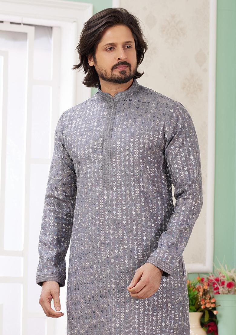 Grey Embroidered Art Silk Kurta Set For Men - Indya