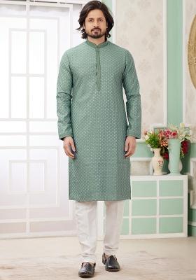 Green Embroidered Art Silk Kurta Set For Men