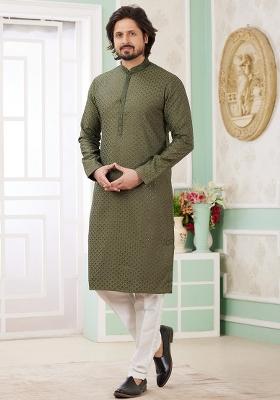 Green Embroidered Art Silk Kurta Set For Men