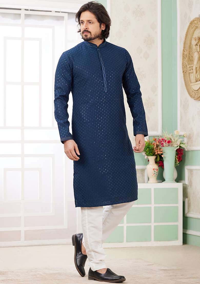 Teal Blue Embroidered Art Silk Kurta Set For Men - Indya